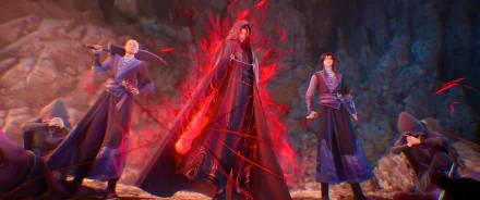 A striking HD wallpaper from the TV show Zhu Xian Jade Dynasty, featuring three characters, one wielding a glowing red weapon, set against a dramatic rocky backdrop.