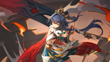 HD desktop wallpaper featuring Yunli from the video game Honkai: Star Rail, showcasing her dynamic pose with a large sword and striking visual elements in the background.