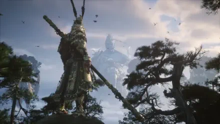A stunning HD wallpaper from the video game Black Myth: Wukong, featuring a character standing against a serene, mystical landscape with towering mountains and swirling clouds.