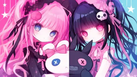 HD wallpaper featuring My Melody and Kuromi from Onegai My Melody, showcasing their distinct pink and black aesthetics with vibrant colors and cute plush characters.