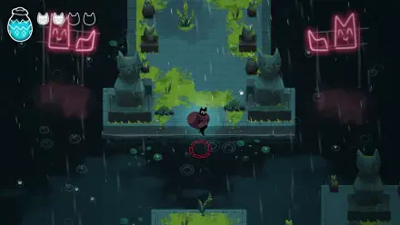 A captivating HD desktop wallpaper from the video game Crypt Custodian, featuring a character navigating a mystical, rain-soaked landscape adorned with glowing statues.