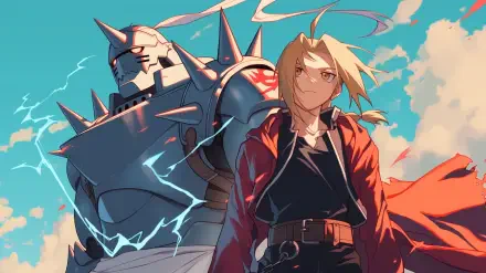 HD wallpaper featuring Edward and Alphonse Elric from Fullmetal Alchemist, showcasing their strong bond against a vibrant, dynamic sky backdrop.