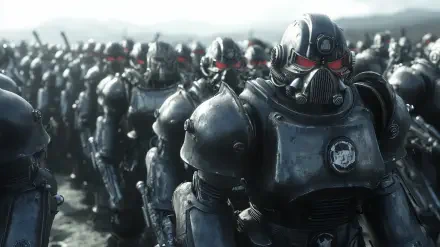 HD wallpaper featuring T-60 power armor from the Fallout TV show, showcasing a striking design that embodies the series' post-apocalyptic aesthetic.