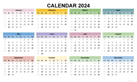 A vibrant 2024 calendar displayed in a grid format, featuring each month in different colors, designed as a high-definition desktop wallpaper and background.