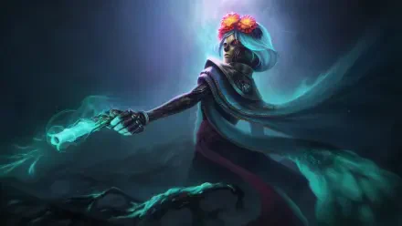 HD desktop wallpaper featuring Muerta from DotA 2, showcasing her mystical abilities with a glowing gun and a dramatic, ethereal background.