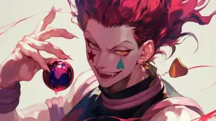 A vibrant HD wallpaper featuring Hisoka from Hunter x Hunter, showcasing his playful yet menacing expression, with distinctive clown makeup and a colorful background.