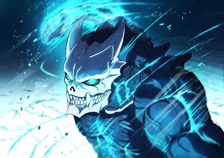 HD desktop wallpaper featuring Kafka Hibino from Kaiju No. 8, showcasing a dynamic action pose with electric blue effects and a striking skull-themed design.
