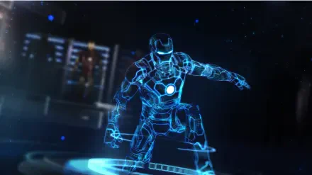 A dynamic hologram of Iron Man in a digital environment, showcasing his iconic armor and stance, serves as an eye-catching HD PC desktop wallpaper and background.