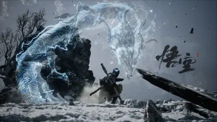 HD PC desktop wallpaper of Black Myth: Wukong featuring a warrior confronting a large, mystical dragon in a snowy, dark landscape.