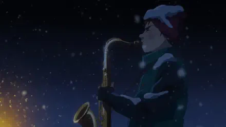 An animated character from Blue Giant plays a saxophone against a snowy night backdrop, evoking a sense of calm and creativity in this HD desktop wallpaper.