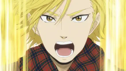 Close-up of an intense blonde anime character from Murai in Love, featured in an HD PC desktop wallpaper and background.