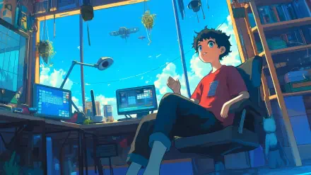 A tranquil lofi scene featuring a young person relaxing in a cozy room, surrounded by computer screens and a bright sky filled with clouds and flying objects, offering a chill atmosphere.