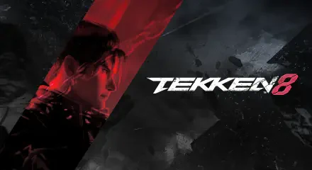A dynamic HD wallpaper featuring Jin Kazama from Tekken 8, showcasing a striking design with bold red accents and the Tekken 8 logo prominently displayed.