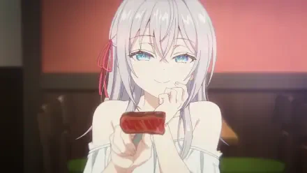 HD anime wallpaper featuring Alisa Mikhailovna Kujou from Alya Sometimes Hides Her Feelings, shown with silver hair and blue eyes, holding a small rectangular object.