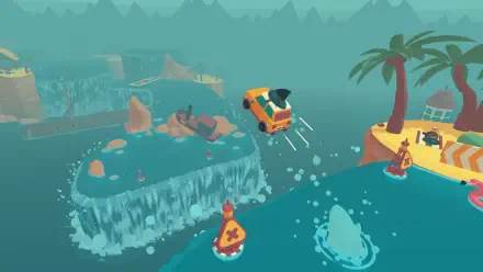 An HD desktop wallpaper featuring a vibrant scene from the video game WHAT THE CAR?, showcasing a whimsical car jumping over islands and water, surrounded by playful characters.