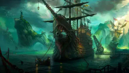 A fantasy pirate ship bearing cannons sails through an adventurous seascape, captured in vibrant detail for a captivating HD PC desktop wallpaper background.