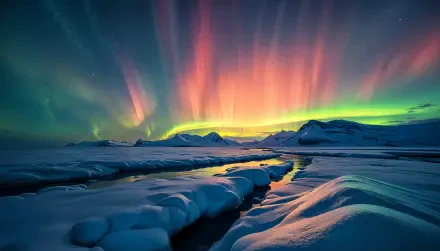 Vibrant auroras dance over an icy Arctic landscape, reflecting on serene waters below, captured in stunning 4K Ultra HD for a breathtaking desktop wallpaper.