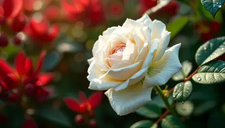 A close-up of a white rose surrounded by red flowers, capturing delicate petals and vibrant greenery. This striking image serves as a 4K Ultra HD desktop wallpaper.