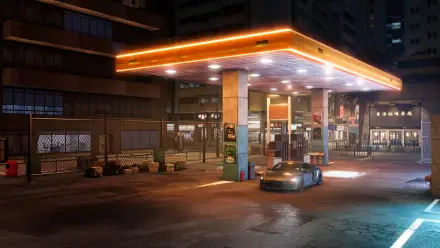 A sleek car is parked at a vibrant gas station in a nighttime urban setting, showcasing scenes from the video game Test Drive Unlimited Solar Crown. An HD desktop wallpaper.