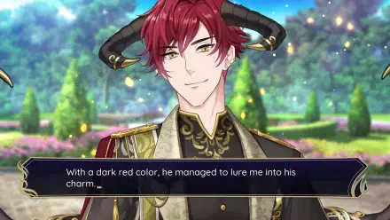 A character from the video game Celestia: Chain of Fate smiles confidently, showcasing his dark red hair and unique horns against a vibrant, enchanting background.