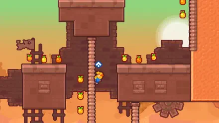 A colorful HD wallpaper from the game Grapple Dogs: Cosmic Canines, featuring a character climbing a rope between structures, surrounded by collectible items against a vibrant backdrop.