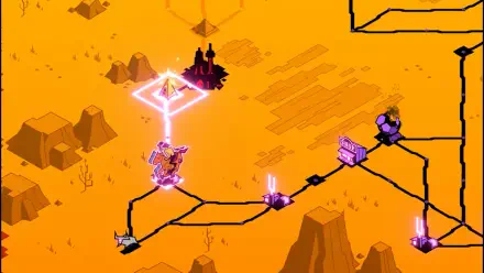 A vibrant HD wallpaper from the video game Wild Bastards, showcasing a dynamic landscape with glowing paths and structures against an orange backdrop.