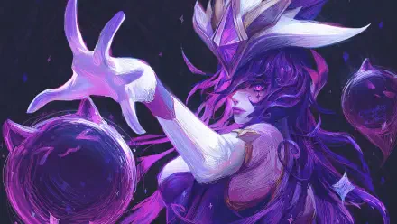 Vibrant 4K Ultra HD wallpaper featuring Syndra from League of Legends, showcasing her powerful presence and dynamic pose against a dark, enchanting background.