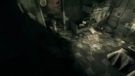 A dark and atmospheric scene from the video game Hollowbody, featuring a cluttered room with eerie lighting and scattered debris, designed as an HD PC desktop wallpaper.