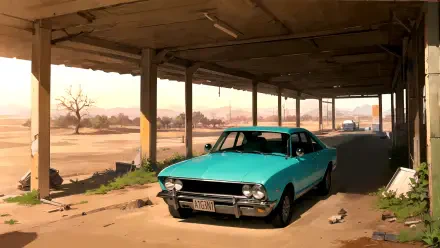  generic teal car in an old abandoned town