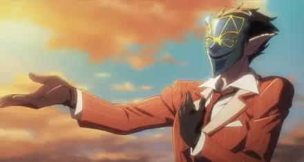 Demiurge from Overlord: The Sacred Kingdom stands confidently against a vibrant sunset, dressed in a stylish suit, showcasing his enigmatic presence in this HD desktop wallpaper.