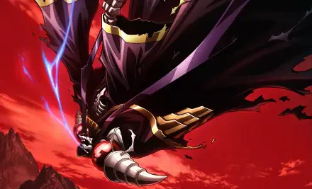 Ainz Ooal Gown from Overlord: The Sacred Kingdom stands dramatically against a fiery red background, showcasing a powerful pose with glowing blue accents in this HD anime wallpaper.