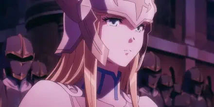 An HD PC desktop wallpaper featuring a character from Overlord: The Sacred Kingdom, showcasing a warrior with long blonde hair and a detailed silver helmet, set against a backdrop of soldiers.