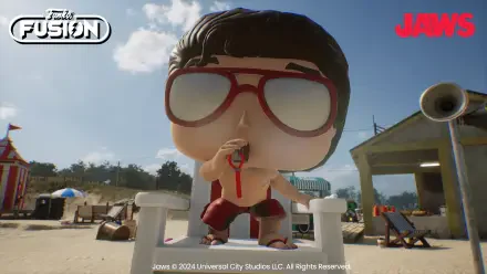 HD PC desktop wallpaper featuring a Funko Fusion video game character modeled after a lifeguard from Jaws, wearing red sunglasses and a whistle on a beach setting.