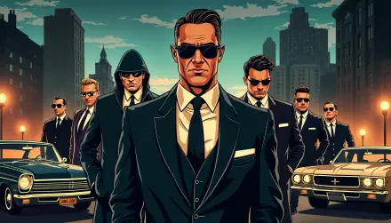 An intense mafia-themed 4K Ultra HD wallpaper featuring a group of sharply dressed individuals in suits, standing confidently against a cityscape backdrop with vintage cars.