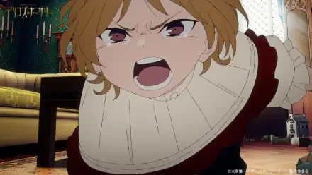 An intense scene from the anime Delico's Nursery, featuring a character with blonde hair and striking eyes, expressing strong emotions in a detailed, vibrant setting. HD desktop wallpaper.