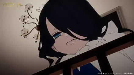 A stylized anime image from Delico's Nursery, featuring a character with long dark hair and expressive blue eyes, looking down from a railing in a softly lit room. HD wallpaper quality.