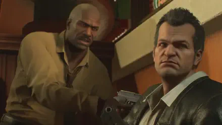 An intense scene from Dead Rising Deluxe Remaster, featuring two characters in a dramatic moment, showcased as a vibrant HD PC desktop wallpaper and background.