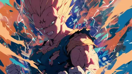 Majin Vegeta from Dragon Ball Z transforms into Super Saiyan 2, showcased in a vibrant and dynamic HD wallpaper, capturing his intense power and determination.