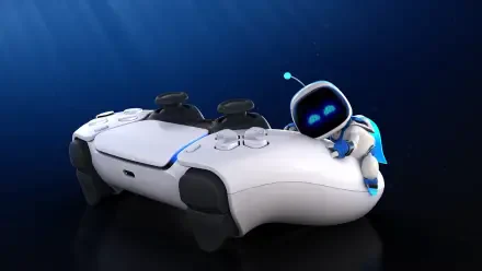 A vibrant 4K Ultra HD wallpaper featuring a playful character from Astro Bot Rescue Mission perched on a PlayStation 5 controller against a sleek blue background.