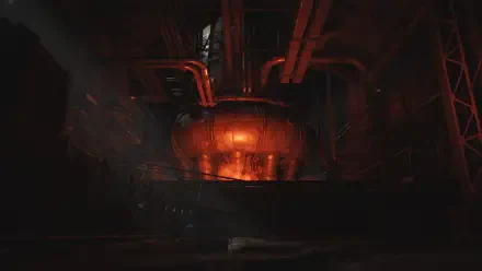 A moody, industrial setting with glowing orange machinery, part of the video game The Casting of Frank Stone, featuring HD quality as a striking PC desktop wallpaper.