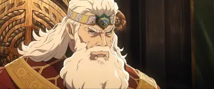 Anime-inspired image from The Lord of the Rings: The War of the Rohirrim, featuring a stern character with a majestic beard and crown, designed as a high-definition desktop wallpaper.