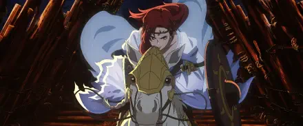 This HD wallpaper features an anime-inspired character from The Lord of the Rings: The War of the Rohirrim, riding a white horse with a determined expression.