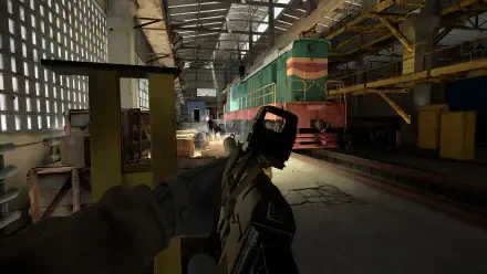 A dramatic HD wallpaper from Into the Radius VR, featuring a player's viewpoint with a weapon in hand, set against an industrial backdrop with a colorful train.