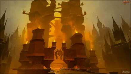 An ominous, intricately designed entrance from the world of Magic: The Gathering, featuring towering structures illuminated by flickering flames, set against a dramatic backdrop.