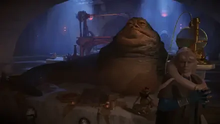 4K Ultra HD PC desktop wallpaper: Jabba the Hutt in Star Wars Outlaws, reclining among alien patrons in a dim sci‑fi setting — video game Star Wars background.