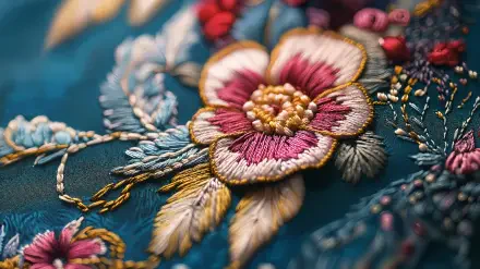 A vibrant close-up of intricate floral embroidery set against a rich teal background, showcasing exquisite detail and color in this 4K Ultra HD wallpaper.
