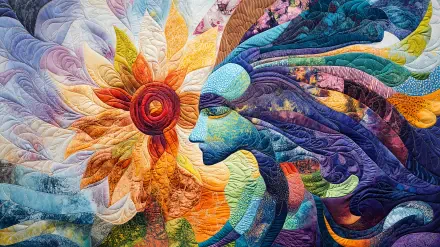 A vibrant quilt features an abstract profile of a woman with flowing hair, surrounded by a radiant sunflower. This artistic piece makes a stunning 4K Ultra HD desktop wallpaper.