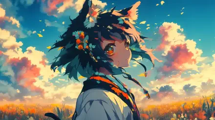 A kawaii anime girl with cat ears stands in a vibrant field, her colorful hair adorned with flowers, against a backdrop of blue skies and fluffy clouds. 4K Ultra HD wallpaper.