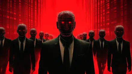 A striking 4K Ultra HD wallpaper featuring faceless figures in suits against a red backdrop, symbolizing corporatism and the impersonal nature of modern society.