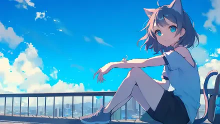 A kawaii anime girl with cat ears sits on a railing against a bright blue sky, captured in stunning 4K Ultra HD for PC desktop wallpaper.